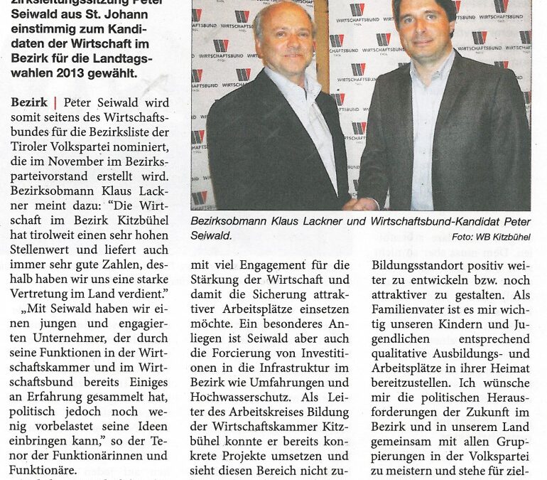 Wirtschaftsbund schickt Peter Seiwald ins Wahlrennen