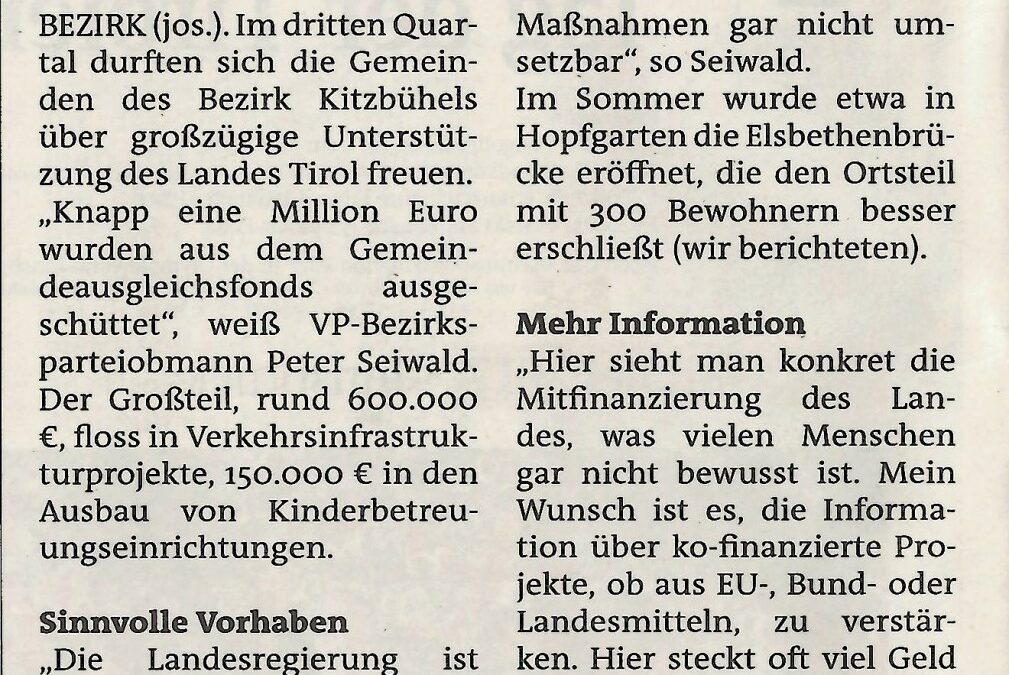 Knapp eine Million Euro vom Land für den Bezirk