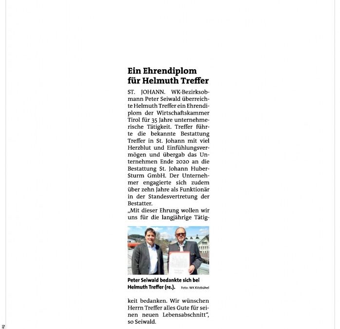 Ein Ehrendiplom für Helmuth Treffer