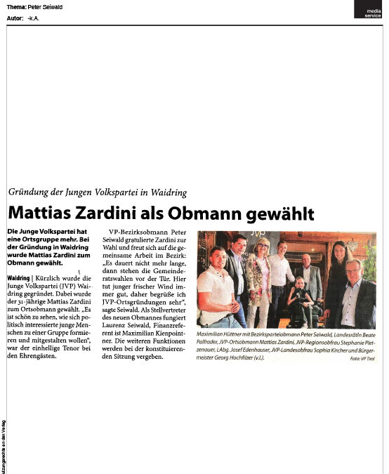 Matthias Zardini als Obmann gewählt