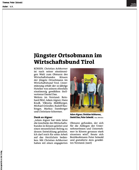 Jüngster Ortsobmann im Wirtschaftsbund Tirol