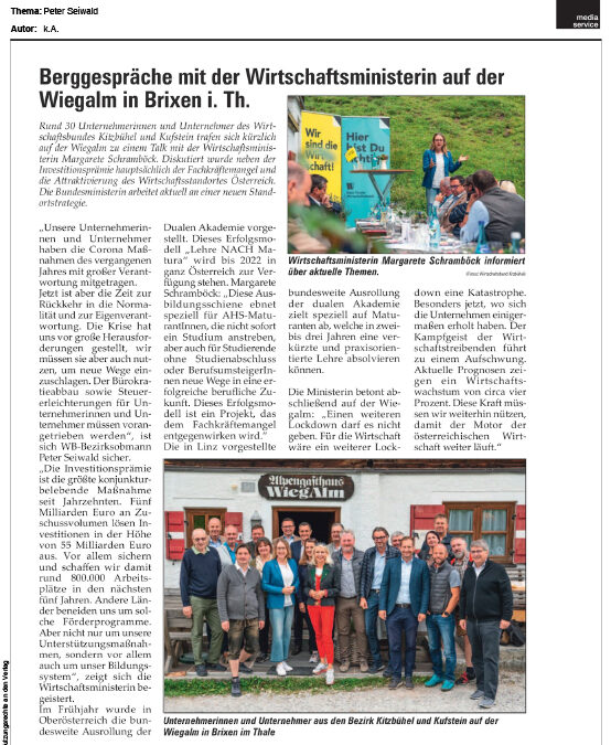 Berggespräche mit der Wirtschaftsministerin auf der Wiegalm in Brixen i. Th.