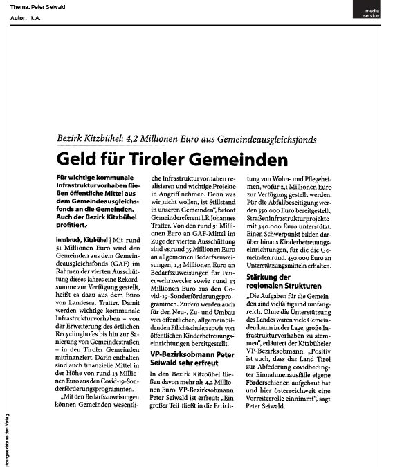 Geld für Tiroler Gemeinden