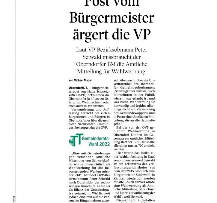 Post vom Bürgermeister ärgert die VP