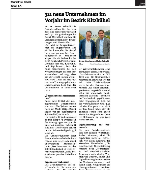 321 neue Unternehmen im Vorjahr im Bezirk Kitzbühel