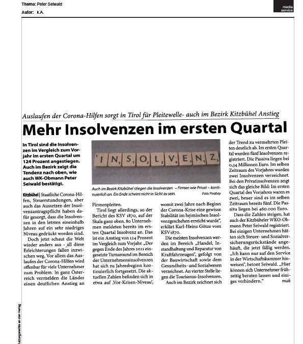 Mehr Insolvenzen im ersten Quartal