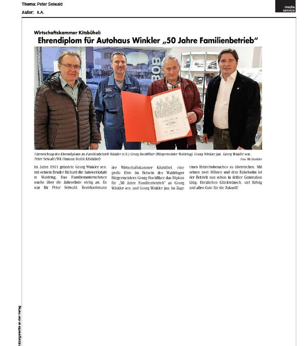 Ehrendiplom für Autohaus Winkler „50 Jahre Familienbetrieb“
