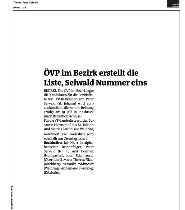 ÖVP im Bezirk erstellt die Liste, Seiwald Nummer eins