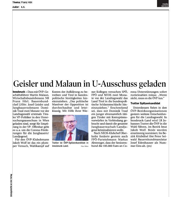 Geisler und Malaun in U-Ausschuss geladen