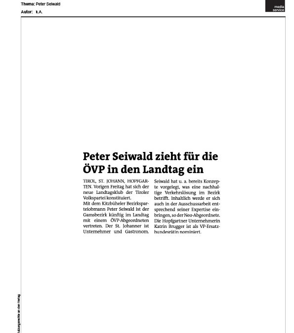 Peter Seiwald zieht für die ÖVP in den Landtag ein