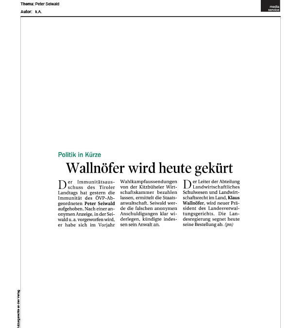 Wallnöfer wird heute gekürt