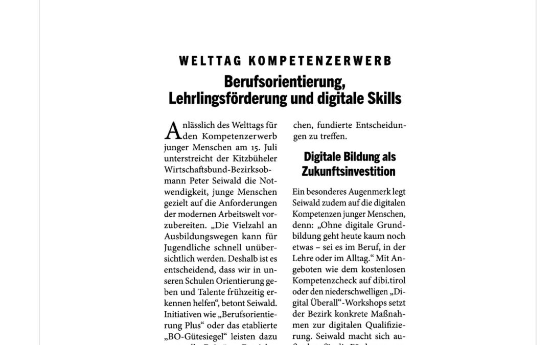 Welttag Kompetenzerwerb – Berufsorientierung, Lehrlingsförderung und digitale Skills